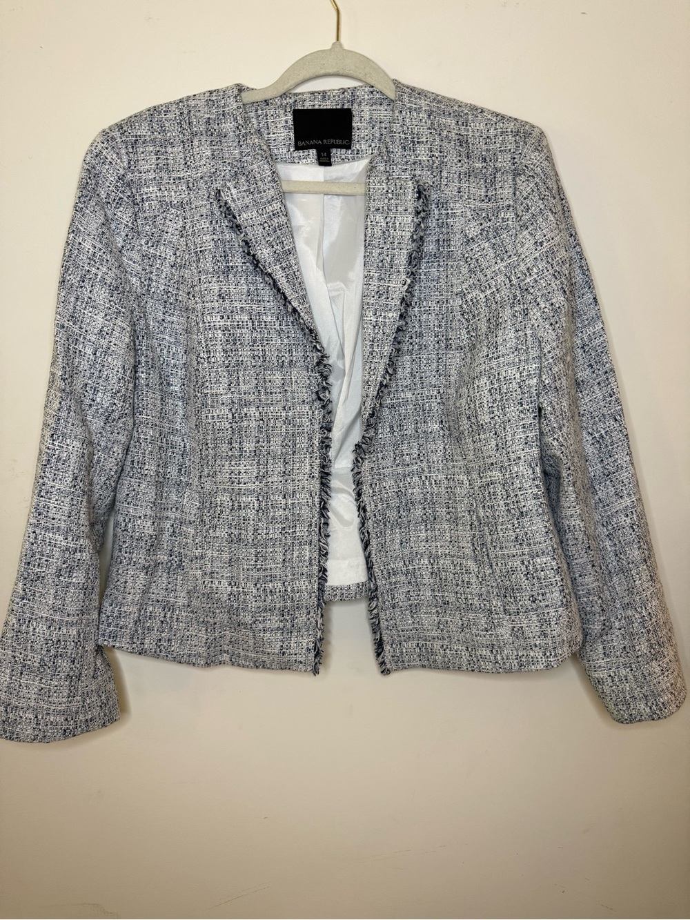 Banana Republic Women's Gray-White Tweed Fringe Open-Front Jacket